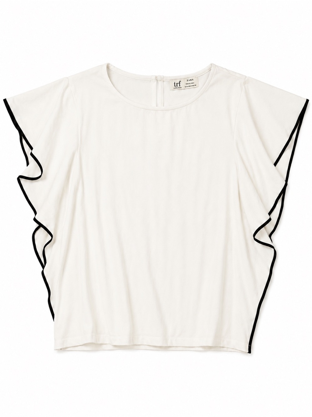 Zara White Short Sleeve Ruffle Top with Black Trim